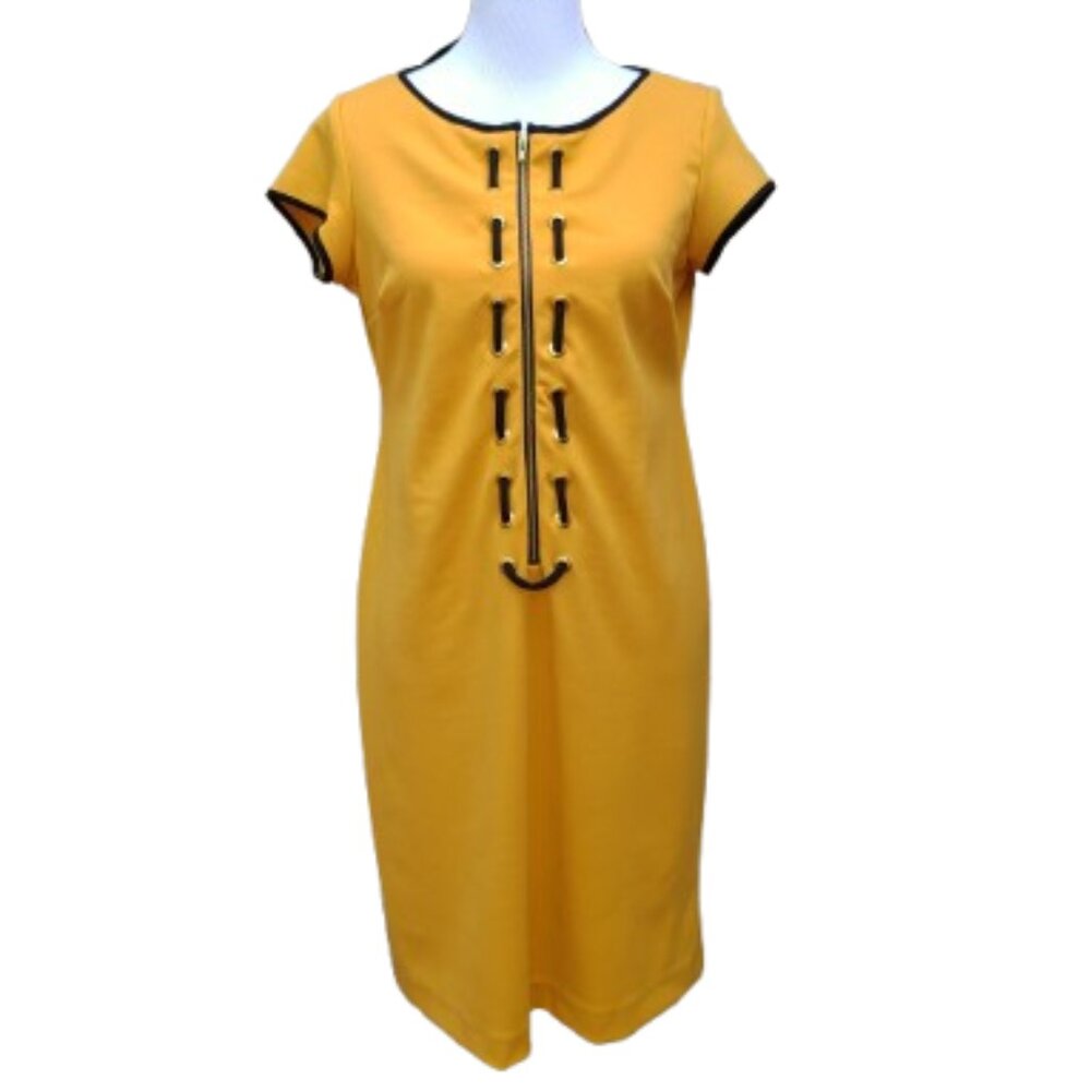 Shelby & Palmer Yellow Sheath Dress Black Trim Zipper Front Short Sleeves